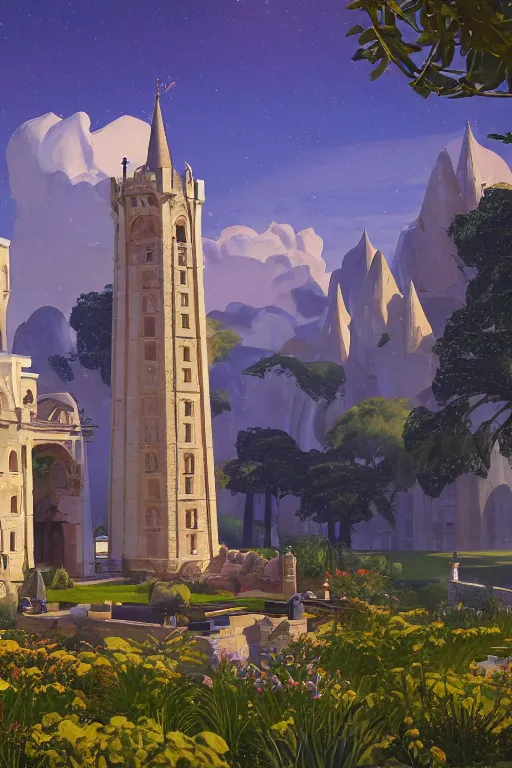 Image similar to view of the white tower of the moon in its gardens after a storm, fairytale illustration, tall windows, beautiful moorish tiles, dramatic cinematic lighting, rich colors, golden age illustration, by Sylvain Sarrailh and Nicholas Roerich and Ludwig Deutsch, unreal engine