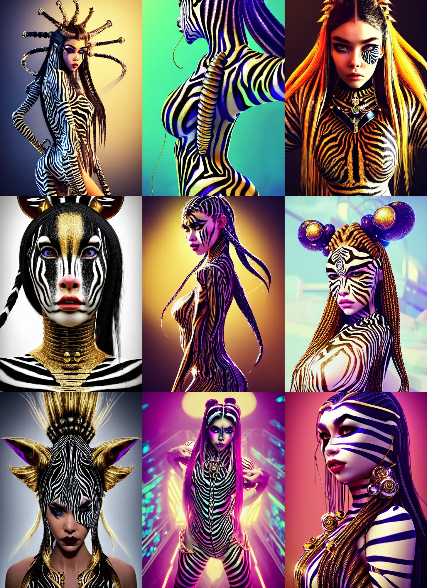 Prompt: madison beer edm zebra clowncore cyborg | braids, jewelry | glamorous oily soft polished rich enticing ornate modern metgala | weta disney movie still photo | hi - fructose, sci fi fantasy, geometric golden ratio details, smooth, octane render, sharp focus, artstation, concept art | feng zhu, artgerm, mucha, wlop, loish |