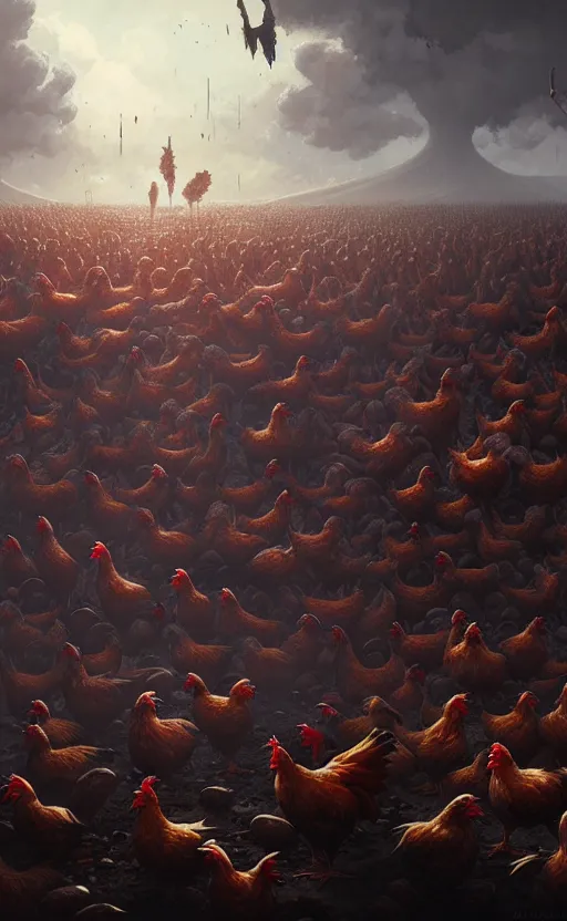 Prompt: chicken apocalypse, wide angle shot by greg rutkowski