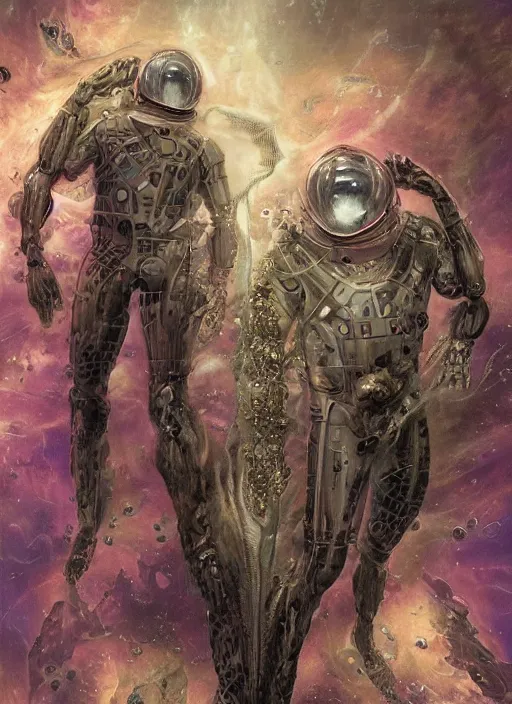 Image similar to symmetrical astronauts in dark and empty void underwater - complex and hyperdetailed technical suit. reflection and dispersion materials. rays and dispersion of light. volumetric light. 5 0 mm, f / 3 2. noise film photo. flash photography. ultra realistic, wide angle. poster by wayne barlowe, hajime sorayama aaron horkey, craig mullins