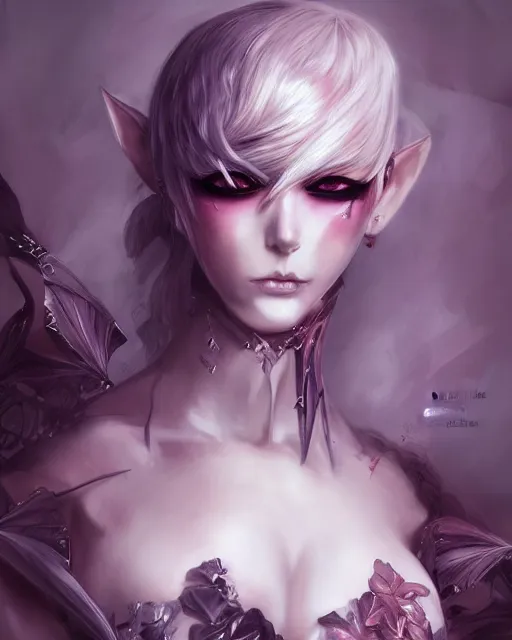 Prompt: Anime demon girl wearing haute couture by 'alexander mcqueen', art of ‘B.c.N.y.’ and artgerm and wlop, elegant, ominous, concept art, digital painting, highly detailed, intricate, trending on artstation