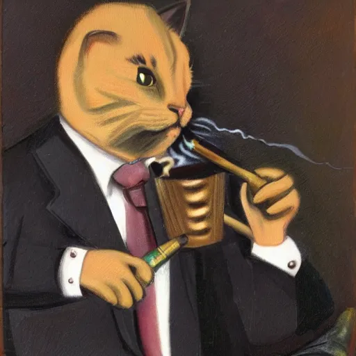 Image similar to cat in suit smoking a pipe, portrait,