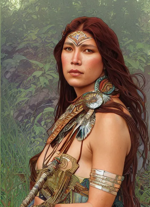 Image similar to Gina Tores as a beautiful native warrior woman, intricate, elegant, highly detailed, centered, digital painting, artstation, concept art, smooth, sharp focus, illustration, art by artgerm and donato giancola and alphonse mucha