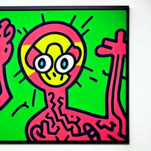 Prompt: collective culture of a metropolis in the style of takashi murakami by keith haring, empty green canvas, pop culture, colorful