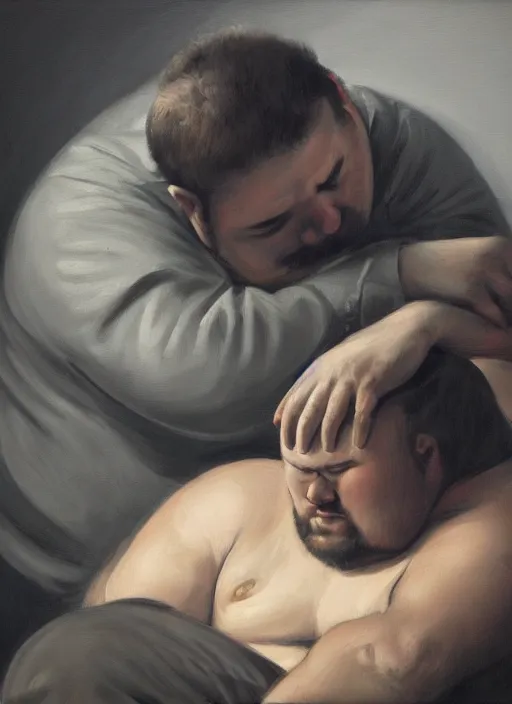 Image similar to insanely detailed chiaroscuro image of a sleepy - looking chubby well - dressed programmer guy on his knees facing his glowing ultrawide monitor begging it for forgiveness, oil on canvas, masterwork, fine detail, trending on artstation, emotive, insanely compelling, ryden, koons, moebius