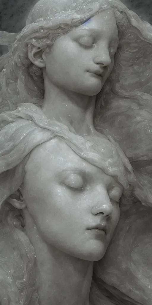 Image similar to a delicate renaissance marble sculpture covered with water veil, highly detailed transparent marble cloth, gi, global illumination, physically based rendering, photorealistic, top light, dark background by Edgar Maxence and Ross Tran