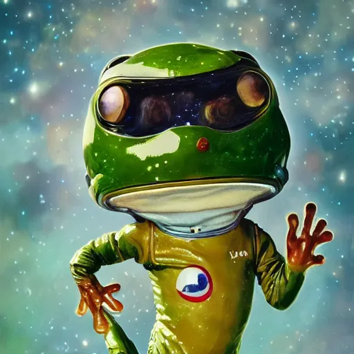 Image similar to soulful long shot of a cute baby frog astronaut wearing an astronaut suit and astronaut helmet, by esao andrews, by m. w. kaluta, ultra humorous illustration, small depth of field, perspective perception, volumetric light, psychedelic colors, 3 d octane render, 8 k, conceptart, hyperdetailed, hyperrealistic, trending on artstation