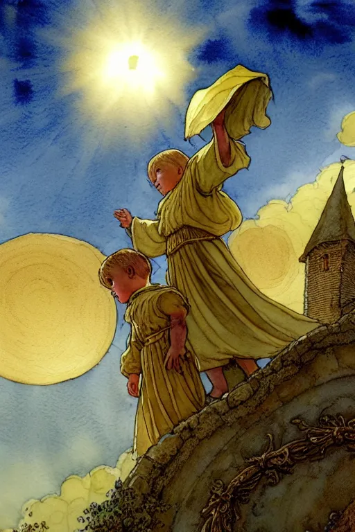 Image similar to a hyperrealist watercolor concept art of an elegant golden ufo in the sky above a small medieval town. one single dirty medieval peasant child is floating away up to the sky. very muted colors, by rebecca guay, michael kaluta, charles vess. high detail, hq, wide shot, 4 k