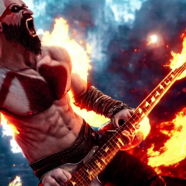 Prompt: screaming kratos rocking out on a flaming stratocaster guitar, cinematic render, god of war 2 0 1 8, playstation studios official media, sunglasses, lightning