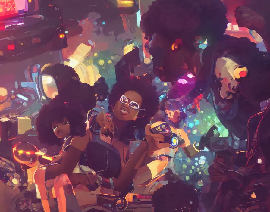 Prompt: afro - futuristic gamers, game consoles and joysticks, hacking the multiverse of gaming | hyperrealistic oil painting | by makoto shinkai, ilya kuvshinov, lois van baarle, rossdraws | afrofuturism, in the style of pascal blanche, trending on artstation | dark color scheme