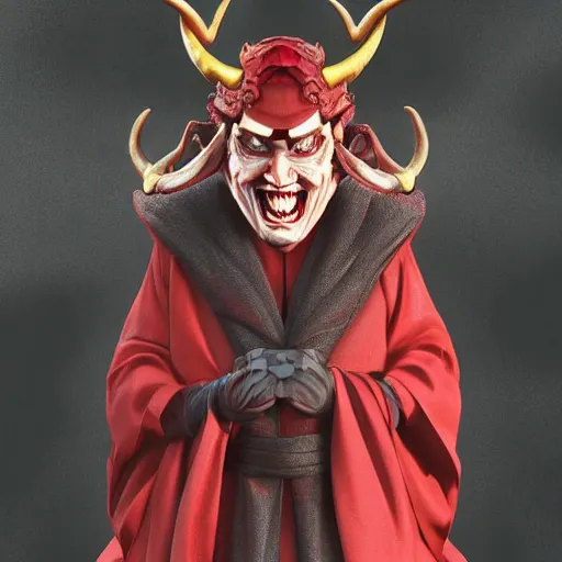 Prompt: demonic emperorin red robe with giant horns creepy smiling. photorealistic, trending on artstation, digital art, extremely detailed, comicpanel, monochromatic, futurism, dan mumofrd, rafael grasetti