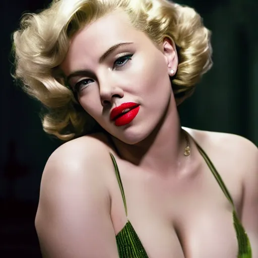 Image similar to stunning awe inspiring scarlett johansen as marilyn monroe, movie still 8 k hdr atmospheric lighting