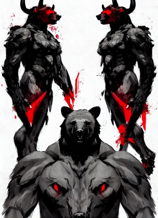 Image similar to Full body portrait of horned black bear with sharp claws and red eyes. In style of Yoji Shinkawa and Hyung-tae Kim, trending on ArtStation, dark fantasy, great composition, concept art, highly detailed.