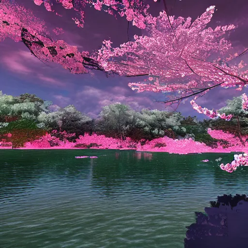 Prompt: a foreign planet with massive cherry blossom trees and glowing lakes, super detailed, harsh lighting, WLOP