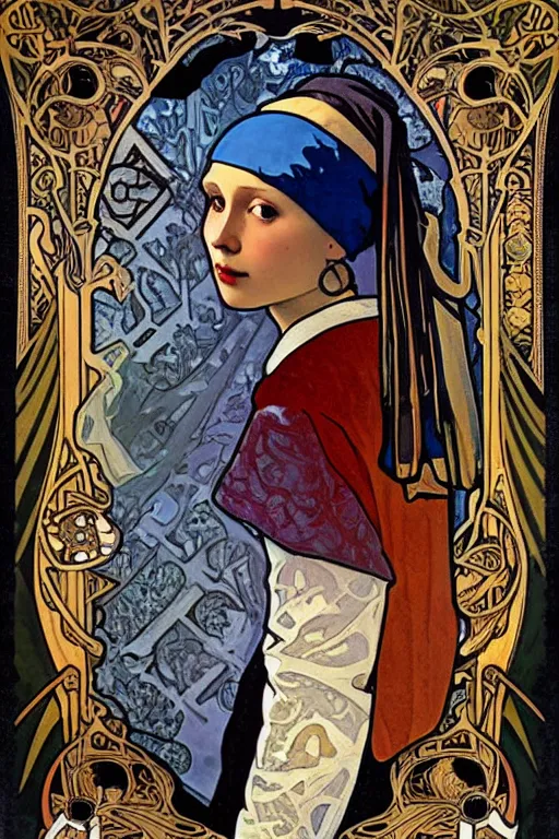 Image similar to A Girl with a pearl earring by Alphonse Mucha, full body,detailed,Art Nouveau, Neo-Gothic, gothic, rich deep moody colors background.
