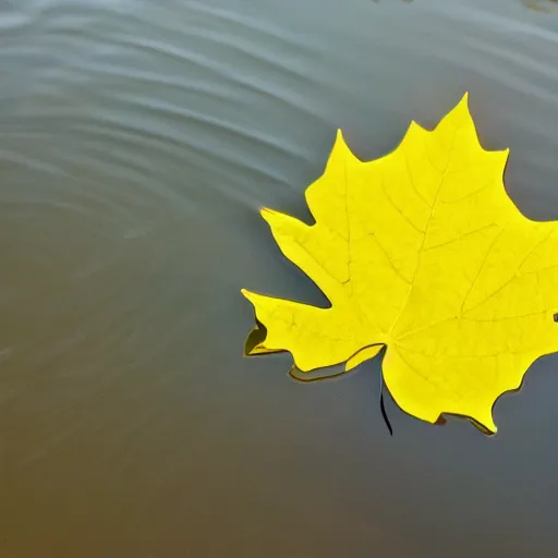 Image similar to close - up of a yellow maple leaf floating on top of a pond, with reflection