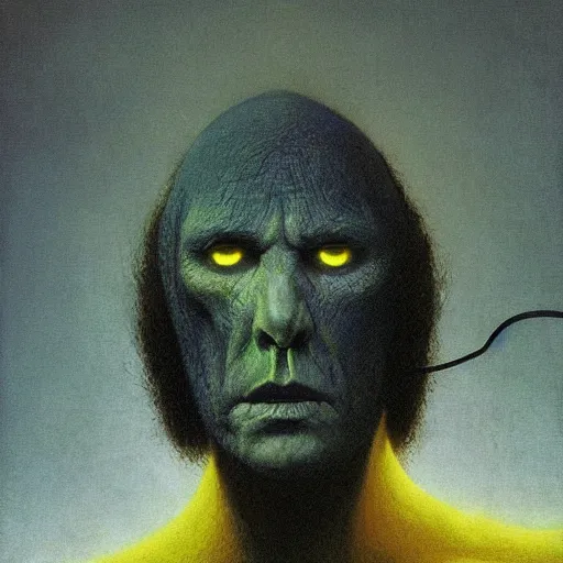 Image similar to Angry Electricity portrait, dark fantasy, blue and yellow, artstation painted by Zdzisław Beksiński and Wayne Barlowe