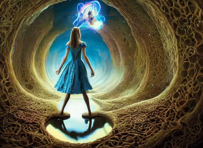 Image similar to vfx surreal 3 d portrait of alice from wonderland walking into a non - euclidean and infinite tunnel of evanescent hallucinatory images, reflections in endless mirrors, giant mushrooms, hyperdetailed, octane render, sharp focus, concept art, intricate by alex grey, greg rutkowski jeff soto and daniel merriam, dan mumford and pixar, octane render