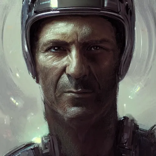 Prompt: Portrait of a man by Greg Rutkowski, he is about 50 years old, his features are a mixture between polish and persian, messy black short hair, tall and slim, tired expression, respectable authority figure, he is wearing a futuristic space gear, highly detailed portrait, scifi, digital painting, artstation, concept art, smooth, sharp foccus ilustration, Artstation HQ.