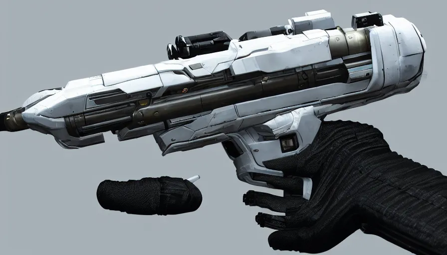 Prompt: extremely detailed realistic side view of a sci fi bullpup laser rifle, detailed pistol trigger, chemically propelled, massive battery, smooth streamline, battery and wires, railgun, chemrail, gauss, elegant sleek smooth body, white paint, smooth utopian design, ultra high quality, minimalist, octane, cod, destiny, warframe, terminator