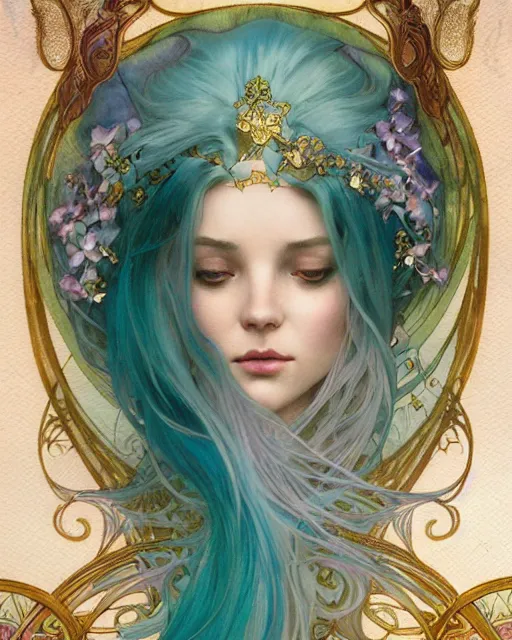 Image similar to an ethereal goddess with turquoise hair | highly detailed | very intricate | art nouveau | gold filigree | romantic storybook fantasy | soft cinematic lighting | award - winning | disney concept art watercolor illustration by mandy jurgens and alphonse mucha and alena aenami | pastel color palette | featured on artstation