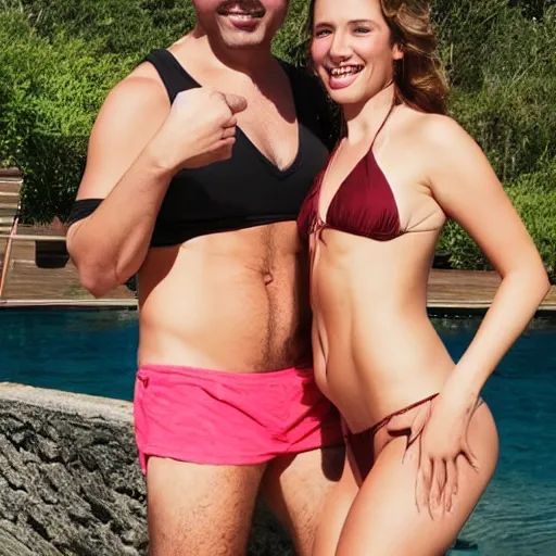 Image similar to photo of a 4 0 year old man that looks young for his age dating a very attractive 2 2 year old woman wearing a bikini. she is drinking a large bottle of water.
