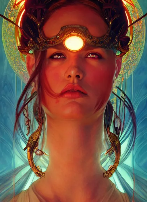 Image similar to the goddess hera looking angry wearing a paper tunic, glowing eyes, volumetric lights, red and cyan theme, art nouveau botanicals, intricate, highly detailed, digital painting, artstation, concept art, smooth, sharp focus, symmetric face, illustration, art by artgerm and greg rutkowski and alphonse mucha