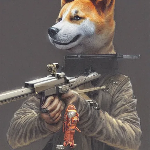 Prompt: anthropomorphic shiba inu, holding sniper riffle, science fiction, cementary, scifi, 3 d render, masterpiece, red aura, by donato giancola and greg rutkowski and wayne barlow and zdzisław beksinski, realistic face