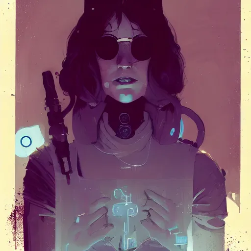 Image similar to cyberpunk witch by atey ghailan, by greg rutkowski, by greg tocchini, by james gilleard, by joe fenton, by kaethe butcher, dynamic lighting, gradient light blue, brown, blonde cream and white color scheme, grunge aesthetic