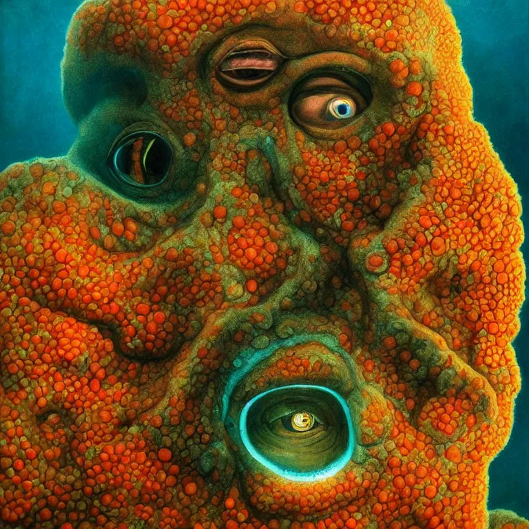 Prompt: Hyperrealistic intensely colored close up studio Photograph portrait of a deep sea bioluminescent Ted Cruz, symmetrical face realistic proportions eye contact golden eyes, Smiling in a coral reef underwater, award-winning portrait oil painting by Norman Rockwell and Zdzisław Beksiński vivid colors high contrast hyperrealism 8k