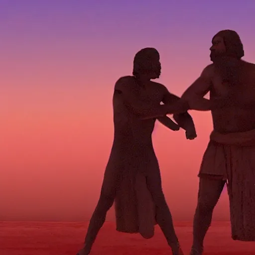 Image similar to cinematic still of silhouettes of two Mediterranean skinned men fighting in ancient Canaanite clothing, wrestling, knife, middle eastern field background, red hues, directed by Russell Mulcahy