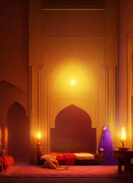 Image similar to beautiful interior of an arabian nights bedchamber, orientalism style, delphin enjolras, goro fujita, makoto shinkai, volumetric lighting, exquisite lighting, octane render, trending on artstation