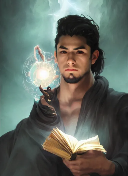 Prompt: character concept portrait of a handsome young evil hispanic wizard with olive skin casting a necromancy spell, a magic iridescent spell book in the center, intricate, elegant, digital painting, concept art, smooth, sharp focus, illustration, from Metal Gear, by Ruan Jia and Mandy Jurgens and Artgerm and William-Adolphe Bouguereau