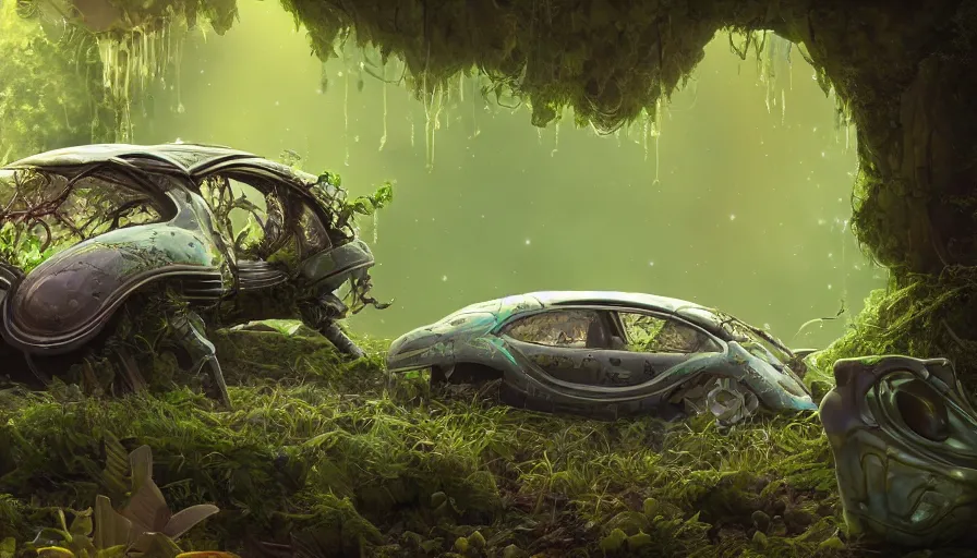 Prompt: A fancy alien car abandoned on a magical biome of full of oddities, slimy plants and trees, goofy, sparky, positive vibes, behance, artstation, unreal render, unreal engine 5, octane, smooth, 8k