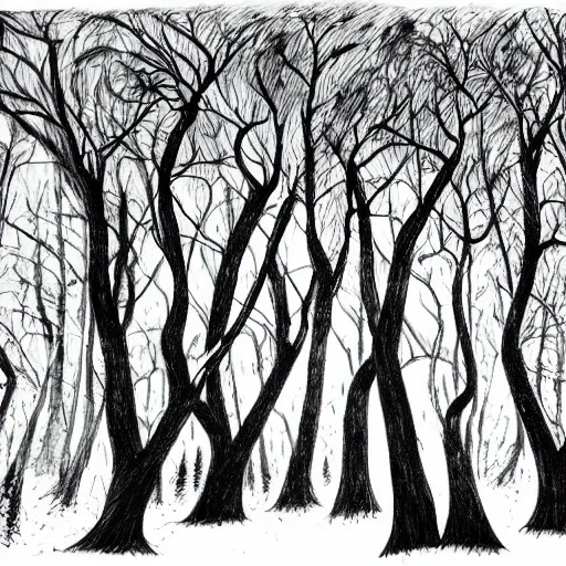 Image similar to dark forest illustration, dark fantasy, black ink on white paper, sketched 4k
