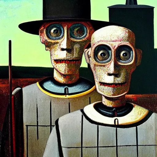 Image similar to “A couple of grim farmer robots in the style of American Gothic, 1930 painting by Grant Wood, Royal Academy of Arts”