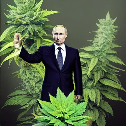 Image similar to Vladimir Putin holding a giant marijuana plant, detailed face, realistic face, photorealistic, highly detailed, cinematic
