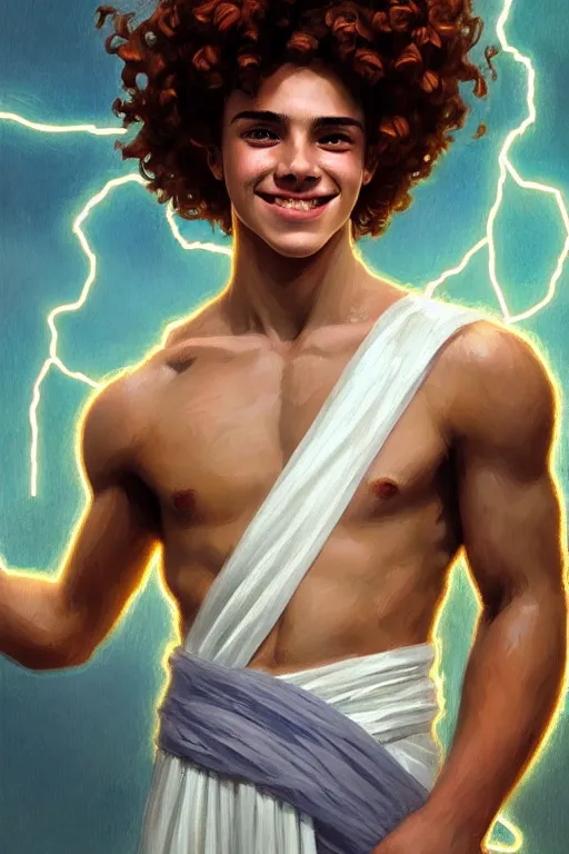 Prompt: portrait of teenage zeus, greek, short curly copper hair, smiling mischievously, wearing a white sash, olive tree, intricate, elegant, lightning bolt, glowing lights, highly detailed, digital painting, artstation, concept art, smooth, sharp focus, illustration, art by wlop, mucha, artgerm, and greg rutkowski