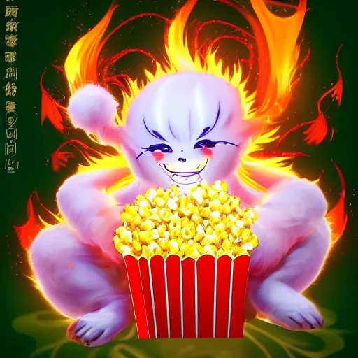 Image similar to fluffy strange popcorn elemental spirit manga character with a smiling face and flames for hair, sitting on a lotus flower, clean composition, symmetrical