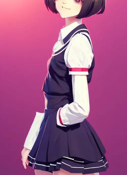 Image similar to full body beautiful and cute and aesthetic school girl greeting, very slightly smiling, wave a hand at the camera, perfect face, symmetric eyes, sharp focus, specular reflection, occlusion shadow, artstation, by ilya kuvshinov and jeremy lipking, light novel cover art, 3 d epic illustrations, symmetric body, model pose