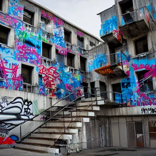 Prompt: habitat 67 covered in street art/graffiti