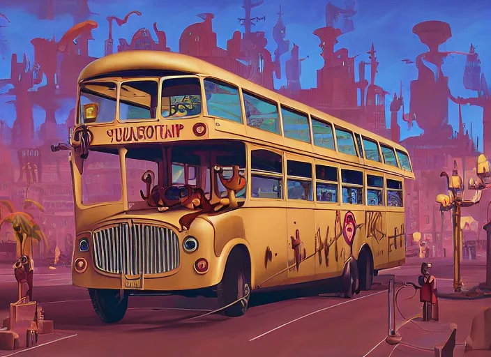 Image similar to matte sharp painting, a steampunk double decker bus, juxtapoz, artforum, gary baseman, preston blair, tex avery, dan mumford, pedro correa