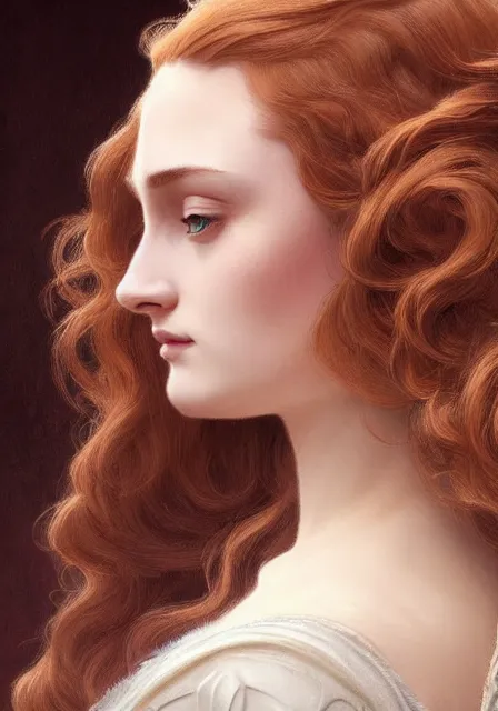 Image similar to sansa portrait in profile with a complex hairstyle with lots of curls, intricate, elegant, highly detailed, digital painting, artstation, concept art, smooth, sharp focus, illustration, art by artgerm and greg rutkowski and alphonse mucha and william - adolphe bouguereau