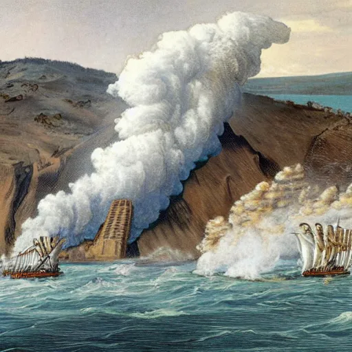 Prompt: Whipping of the Hellespont but with lava instead of water