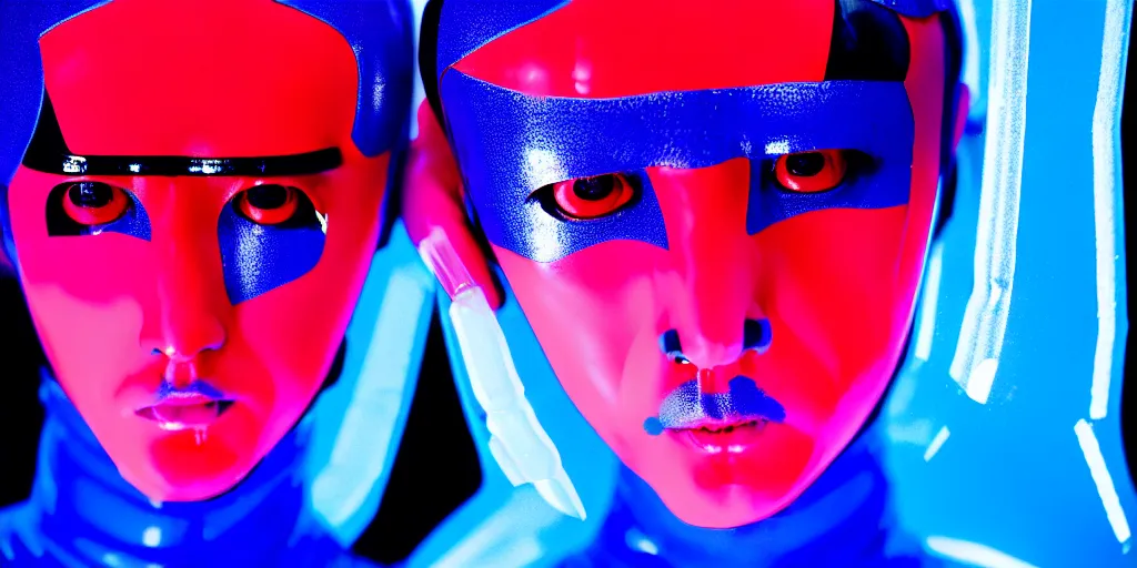 Image similar to a close - up risograph of cyberpunk japanese model men with black eyes and pretty face wearing latex catsuit and lots of transparent and cellophane accessories, blue hour, twilight, cool, portrait, kodachrome, iso 1 2 0 0, painting by mayumi hosokura