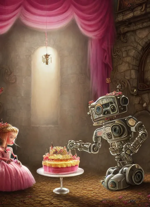 Image similar to highly detailed closeup portrait of a fairytale princess's favorite robot eating cakes in the castle, nicoletta ceccoli, mark ryden, lostfish, earl nore, hyung tae, frank frazetta, global illumination, god rays, detailed and intricate environment