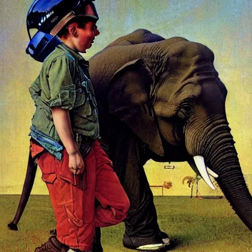 Image similar to An Aviator with a elephant at his head , art by Norman Rockwell