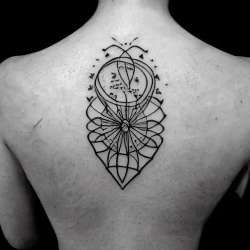 Image similar to beautiful Voynich manuscript outline tattoo design, black ink on white paper