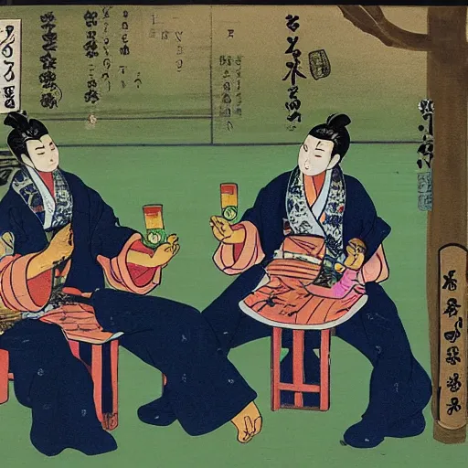 Image similar to two playboys drinking sake in a parc, Jigoku zoshi