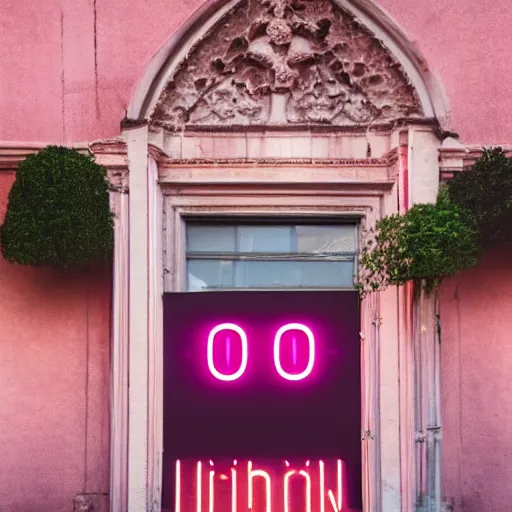 Prompt: A pink neon sign with rounded lowercase letters spelling ODOO above the front door of a cathedral